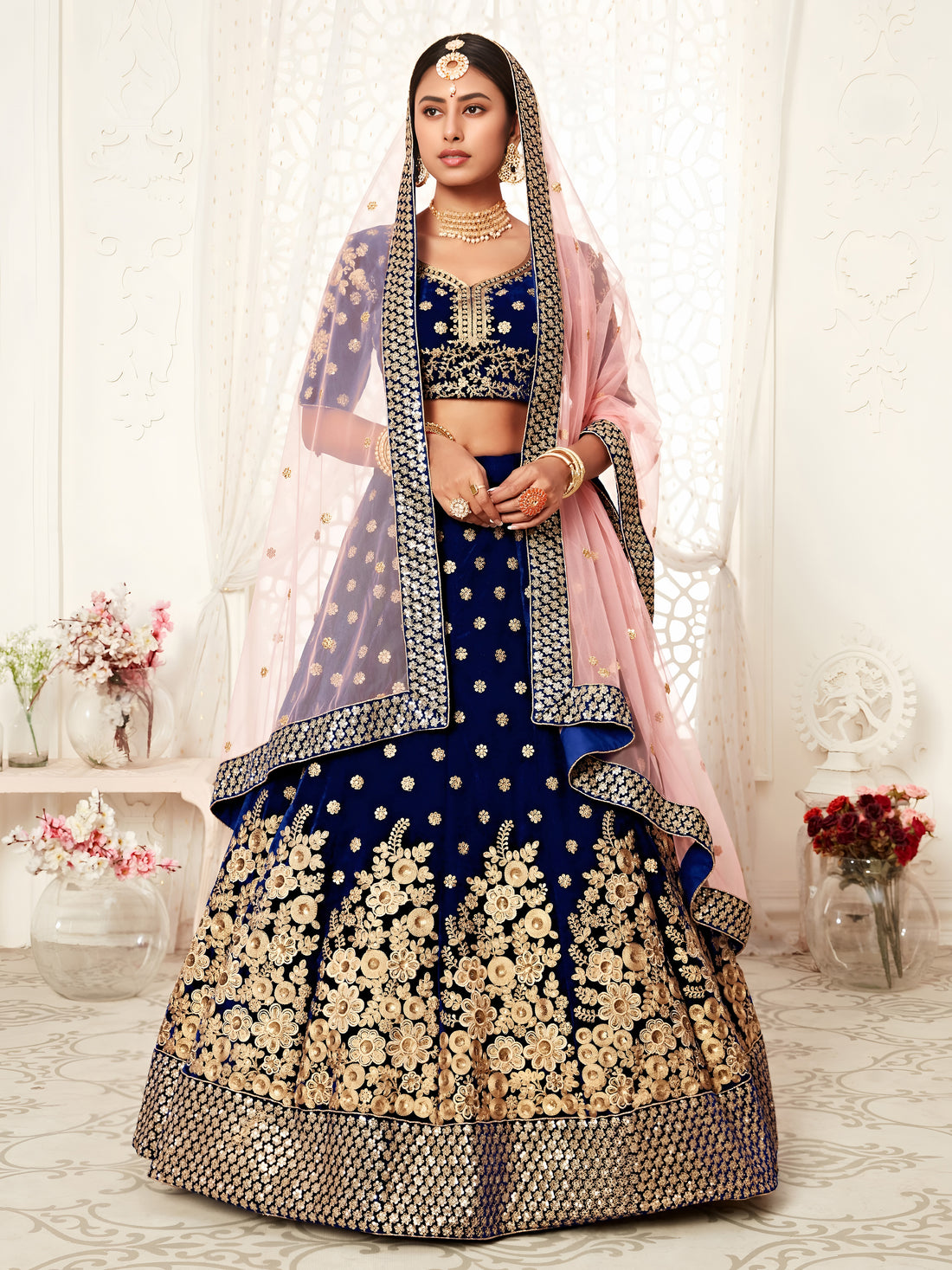 Peach Pink Embroidered Bridal Lehenga Choli with Floral Pink Dupatta