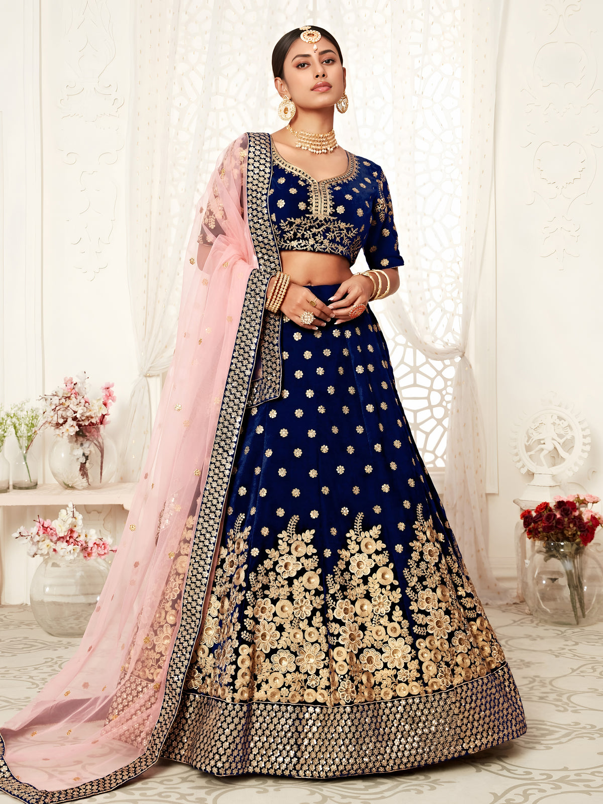 Peach Pink Embroidered Bridal Lehenga Choli with Floral Pink Dupatta