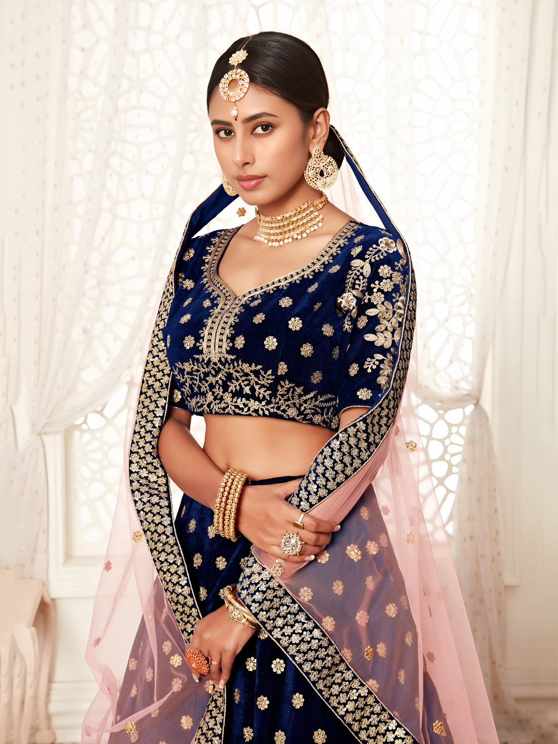 Peach Pink Embroidered Bridal Lehenga Choli with Floral Pink Dupatta
