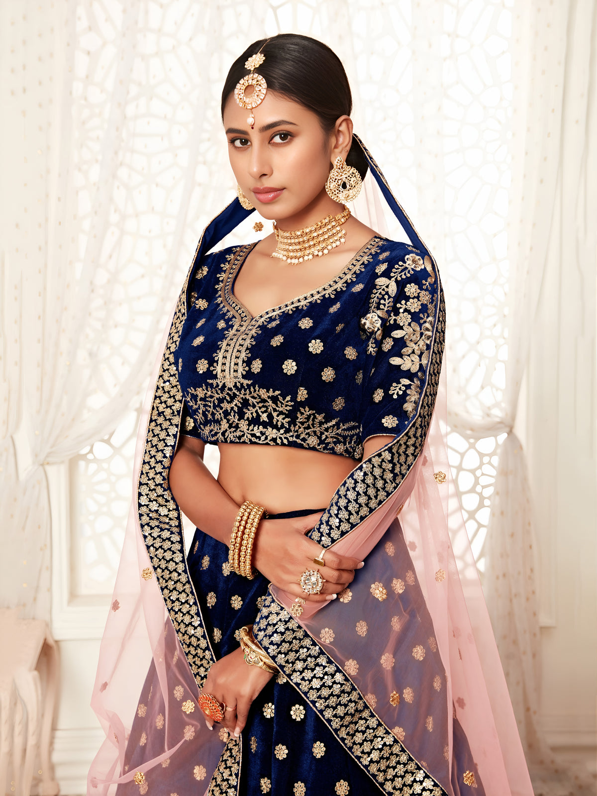 Peach Pink Embroidered Bridal Lehenga Choli with Floral Pink Dupatta