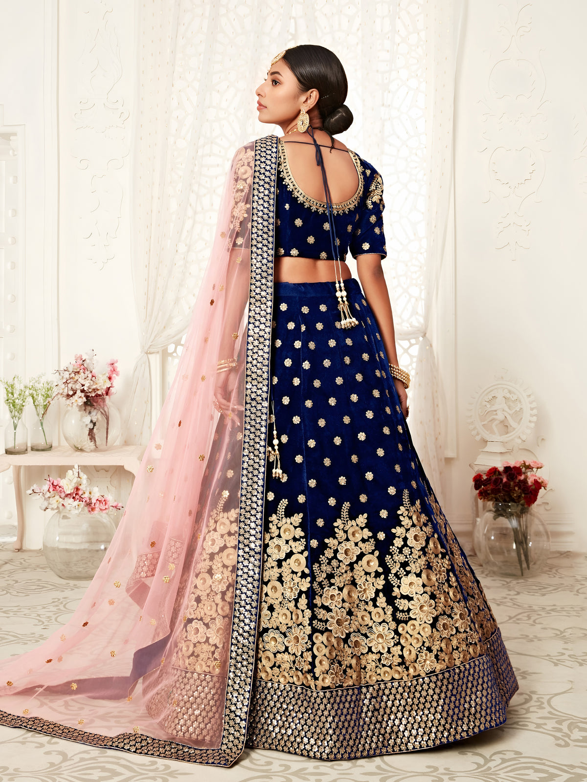 Peach Pink Embroidered Bridal Lehenga Choli with Floral Pink Dupatta