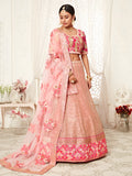 Peach Pink Embroidered Bridal Lehenga Choli with Floral Pink Dupatta