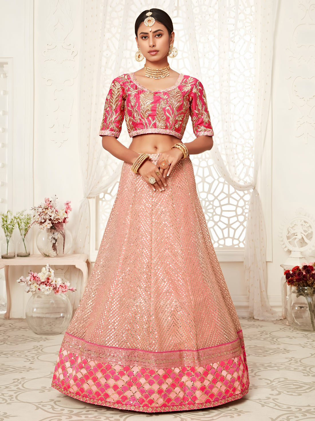 Peach Pink Embroidered Bridal Lehenga Choli with Floral Pink Dupatta