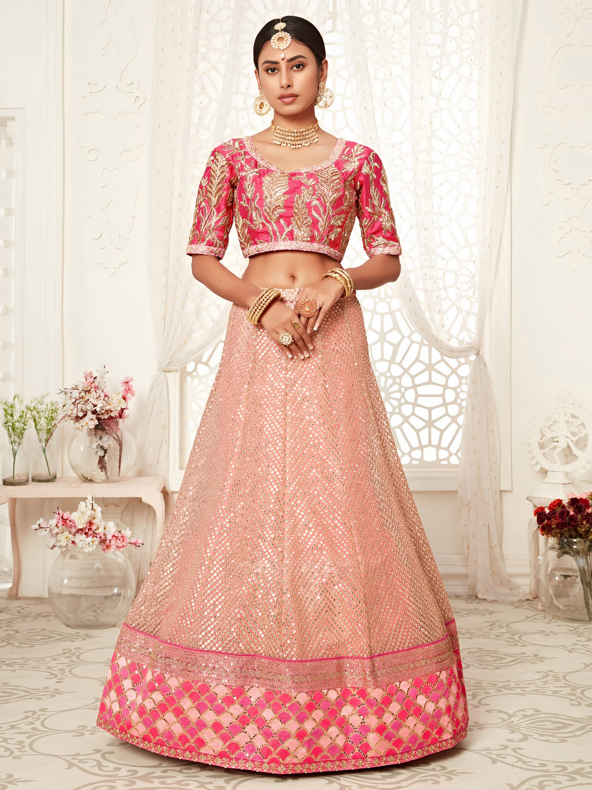 Peach Pink Embroidered Bridal Lehenga Choli with Floral Pink Dupatta