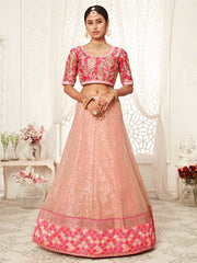 Peach Pink Embroidered Bridal Lehenga Choli with Floral Pink Dupatta