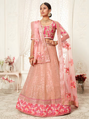 Peach Pink Embroidered Bridal Lehenga Choli with Floral Pink Dupatta