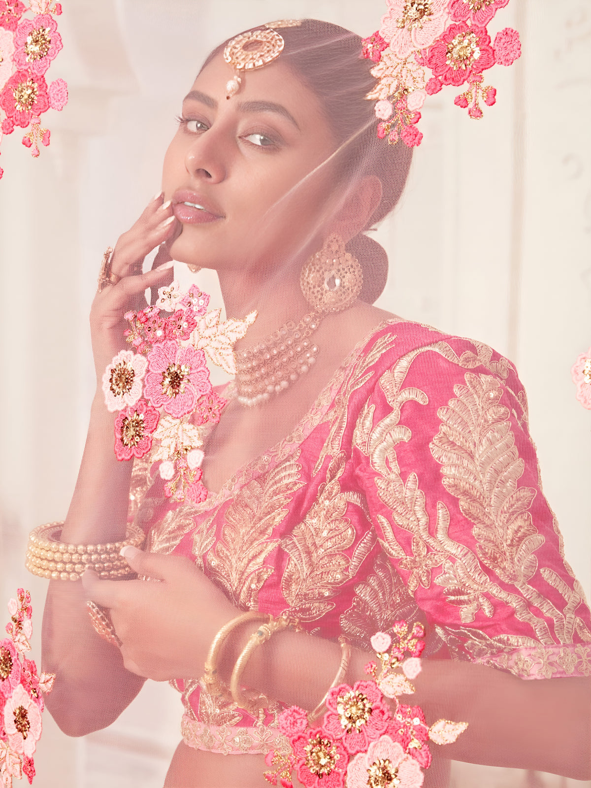 Peach Pink Embroidered Bridal Lehenga Choli with Floral Pink Dupatta