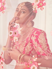 Peach Pink Embroidered Bridal Lehenga Choli with Floral Pink Dupatta