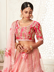 Peach Pink Embroidered Bridal Lehenga Choli with Floral Pink Dupatta