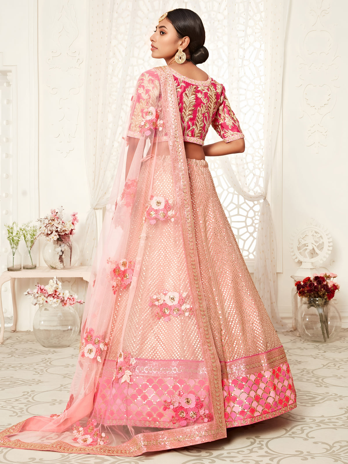 Peach Pink Embroidered Bridal Lehenga Choli with Floral Pink Dupatta