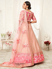 Peach Pink Embroidered Bridal Lehenga Choli with Floral Pink Dupatta