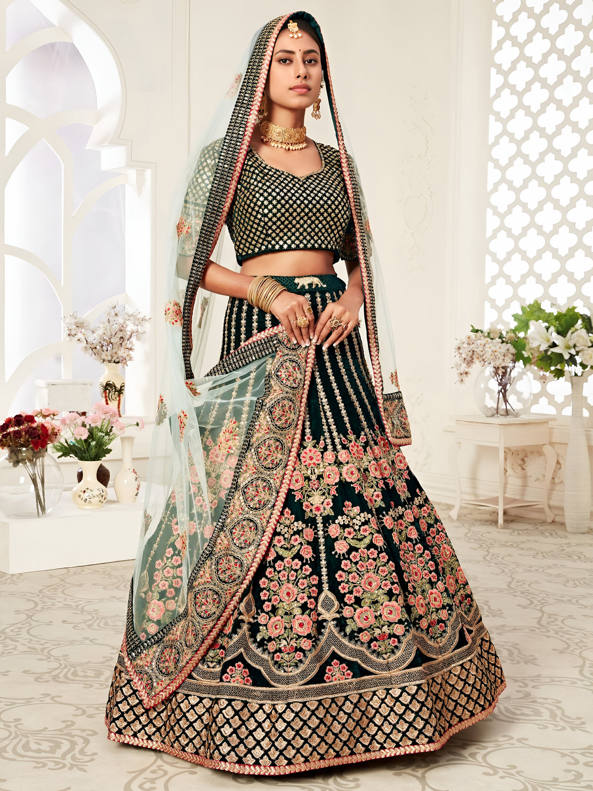 Black Floral Embroidered Bridal Lehenga Choli with Mint Green Dupatta