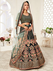 Black Floral Embroidered Bridal Lehenga Choli with Mint Green Dupatta
