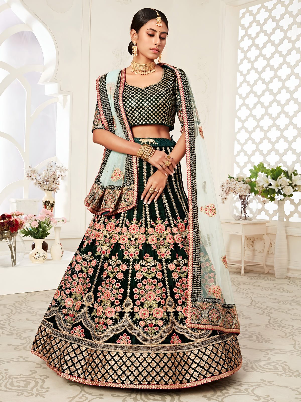 Black Floral Embroidered Bridal Lehenga Choli with Mint Green Dupatta