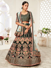 Black Floral Embroidered Bridal Lehenga Choli with Mint Green Dupatta
