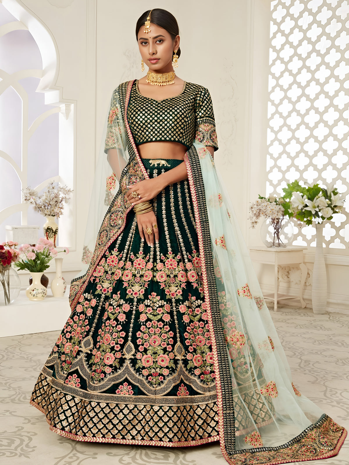 Black Floral Embroidered Bridal Lehenga Choli with Mint Green Dupatta