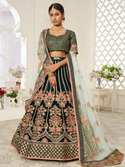 Black Floral Embroidered Bridal Lehenga Choli with Mint Green Dupatta