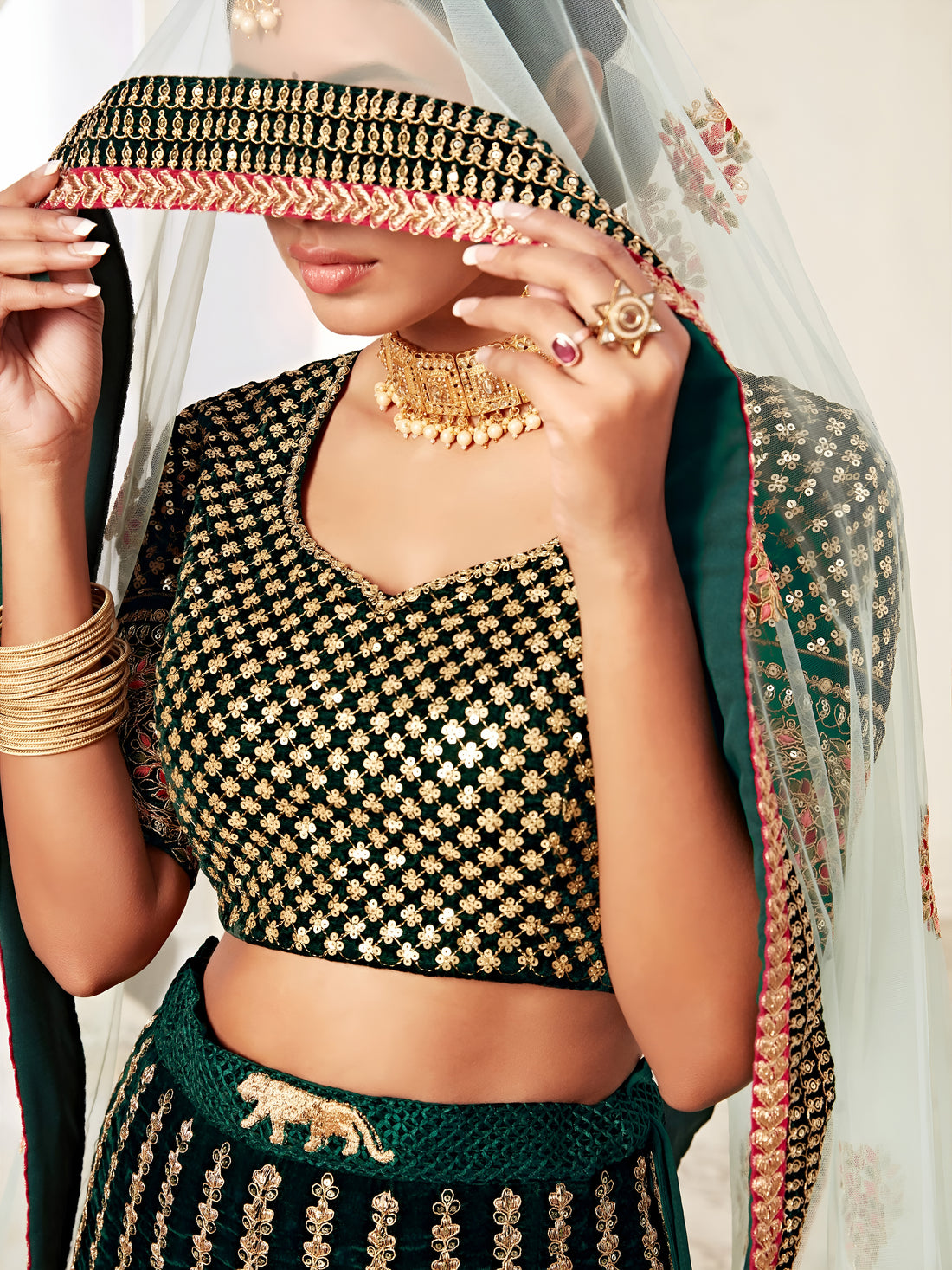 Black Floral Embroidered Bridal Lehenga Choli with Mint Green Dupatta