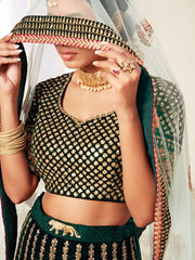 Black Floral Embroidered Bridal Lehenga Choli with Mint Green Dupatta