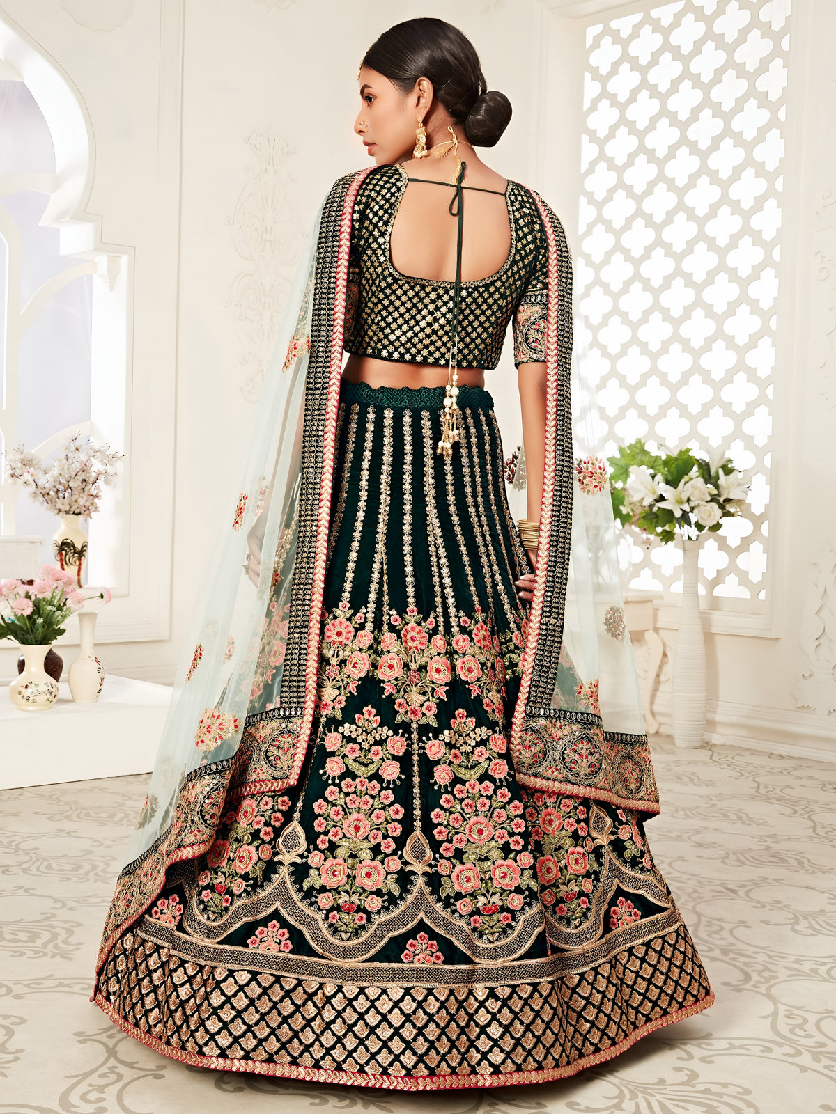 Black Floral Embroidered Bridal Lehenga Choli with Mint Green Dupatta