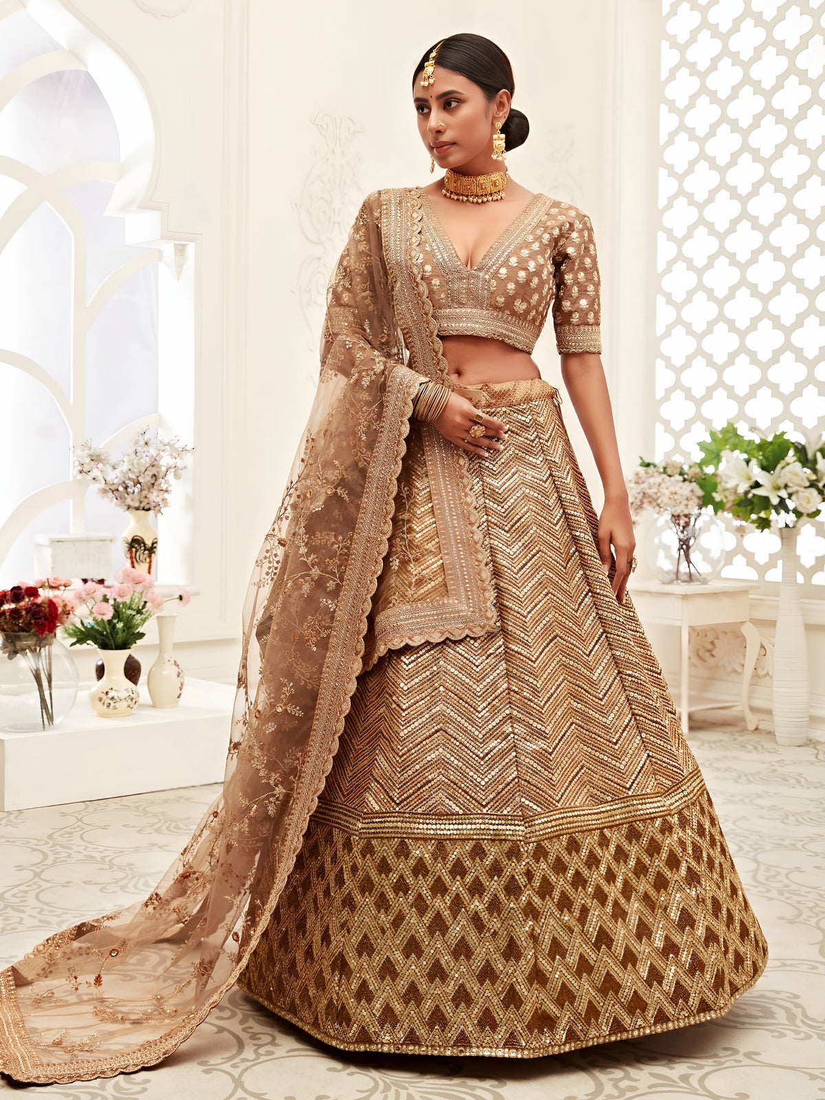 Champagne Gold Embroidered Bridal Lehenga Choli