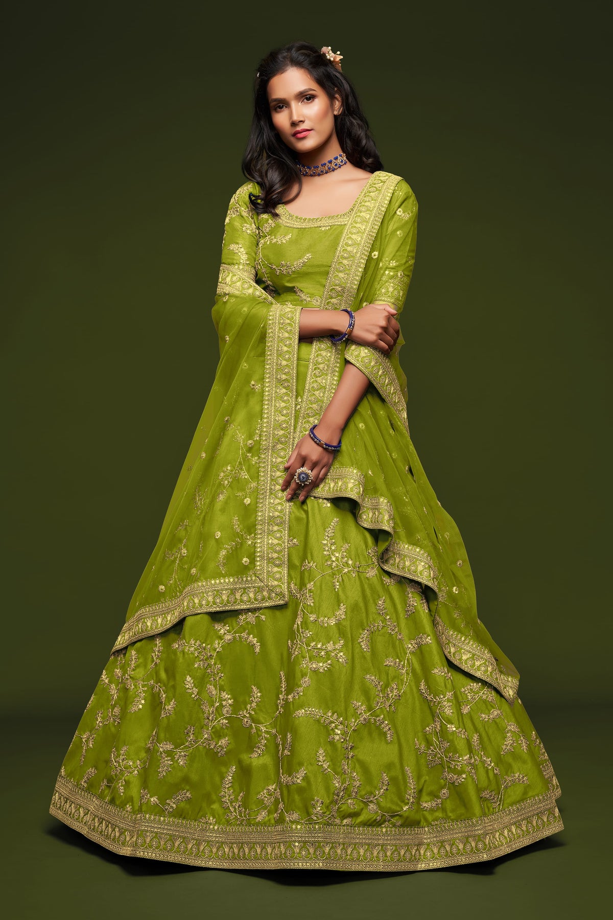 NEON Green Floral Embroidered Lehenga Choli with Dupatta