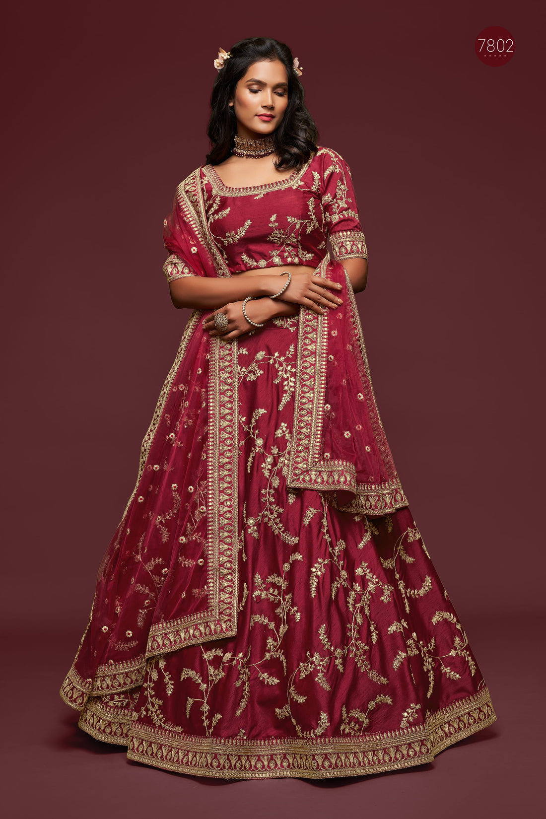 Maroon Gold Floral Embroidered Lehenga Choli with Dupatta