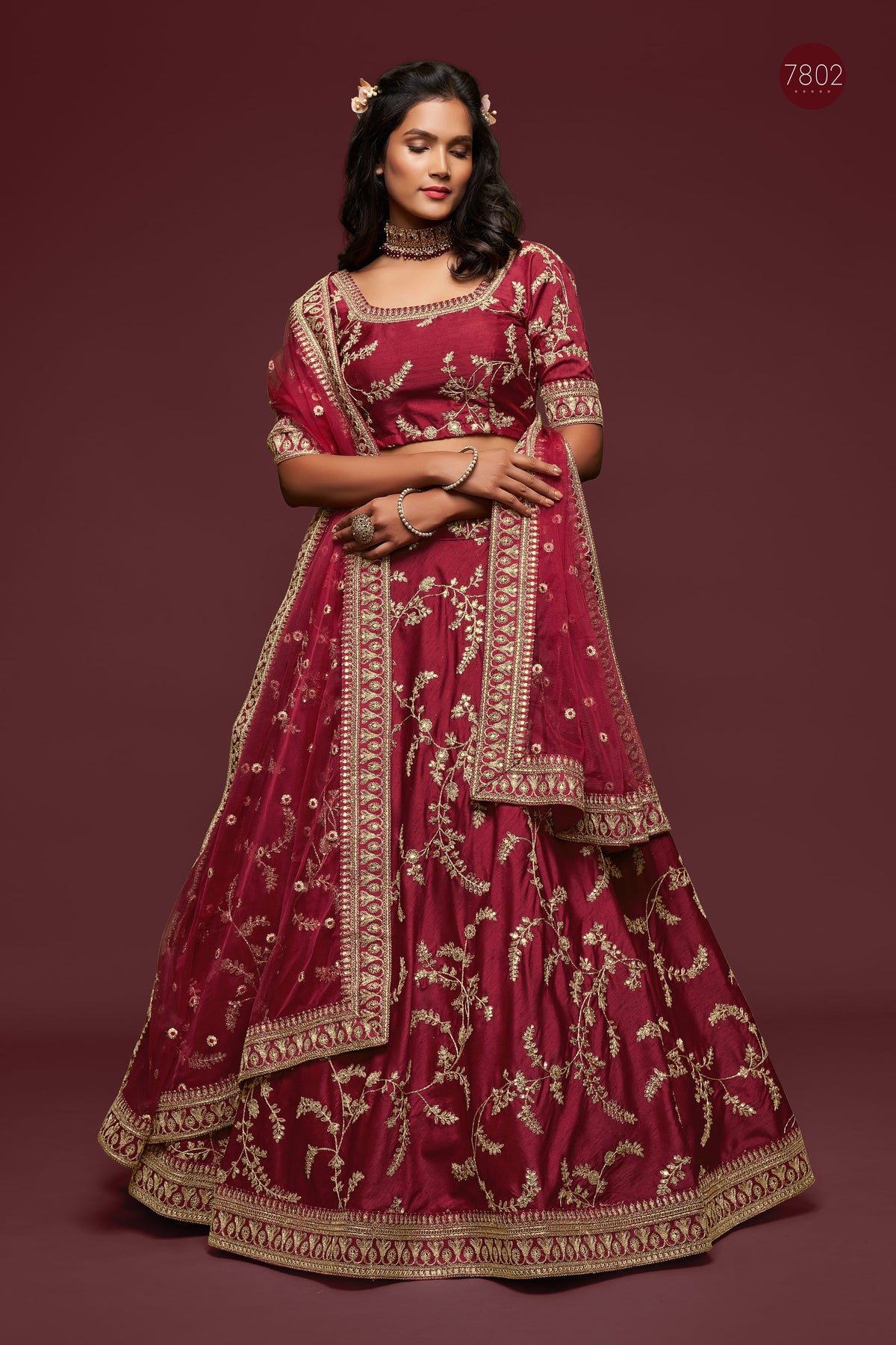Maroon Gold Floral Embroidered Lehenga Choli with Dupatta