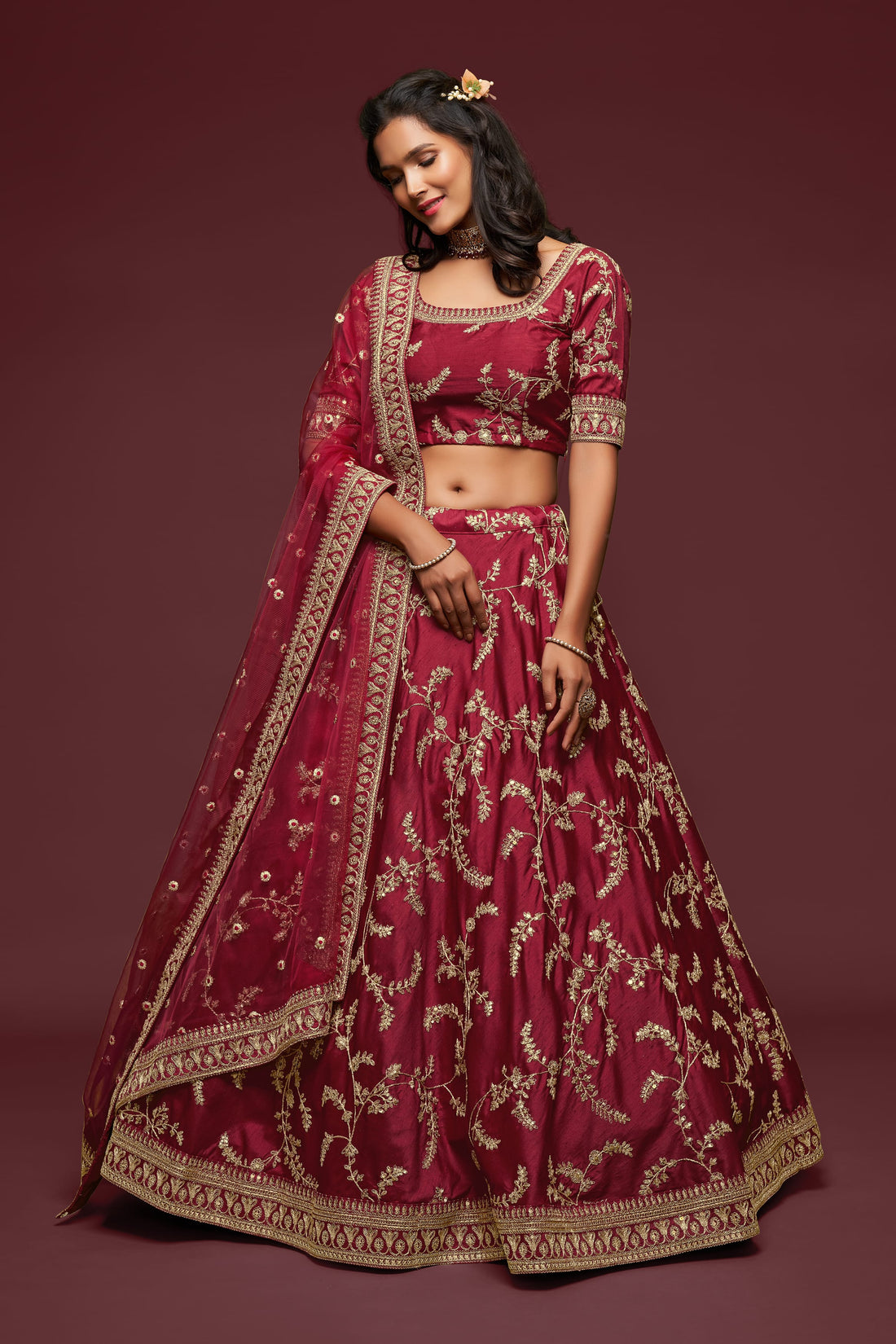 Maroon Gold Floral Embroidered Lehenga Choli with Dupatta