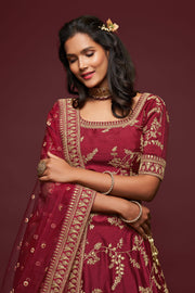 Maroon Gold Floral Embroidered Lehenga Choli with Dupatta