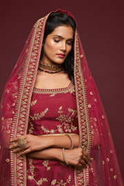 Maroon Gold Floral Embroidered Lehenga Choli with Dupatta