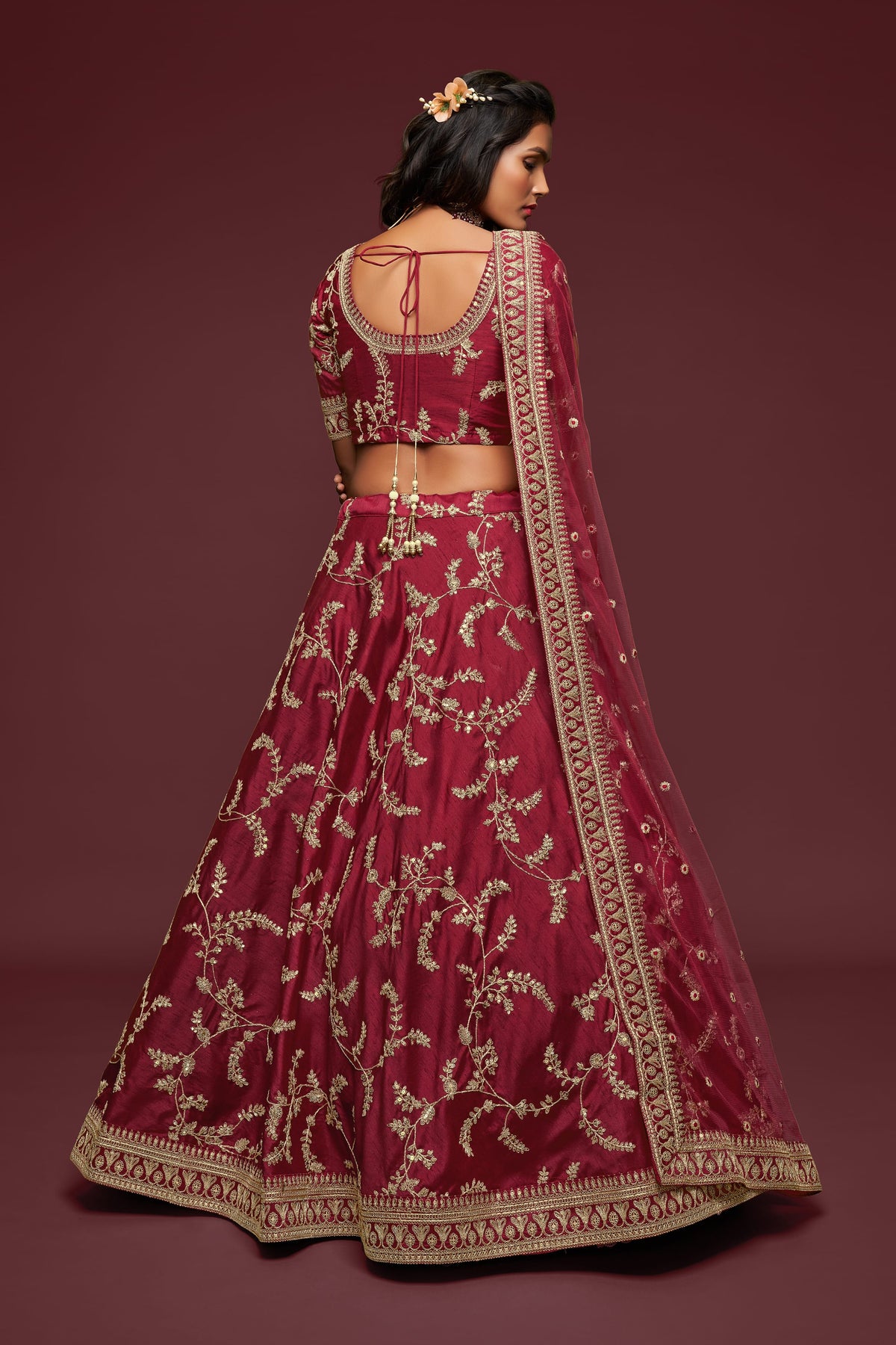 Maroon Gold Floral Embroidered Lehenga Choli with Dupatta