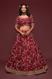 Maroon Gold Floral Embroidered Lehenga Choli with Dupatta