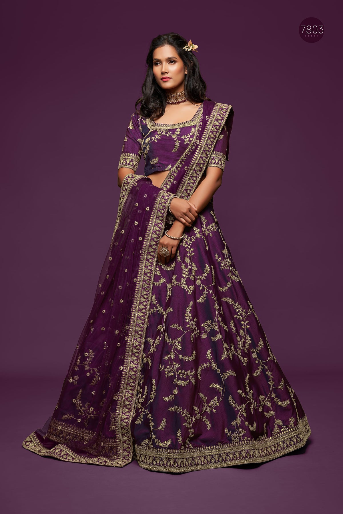 Royal Purple Gold Floral Embroidered Lehenga Choli with Dupatta