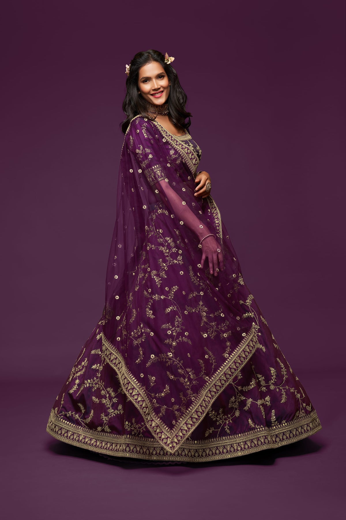 Royal Purple Gold Floral Embroidered Lehenga Choli with Dupatta