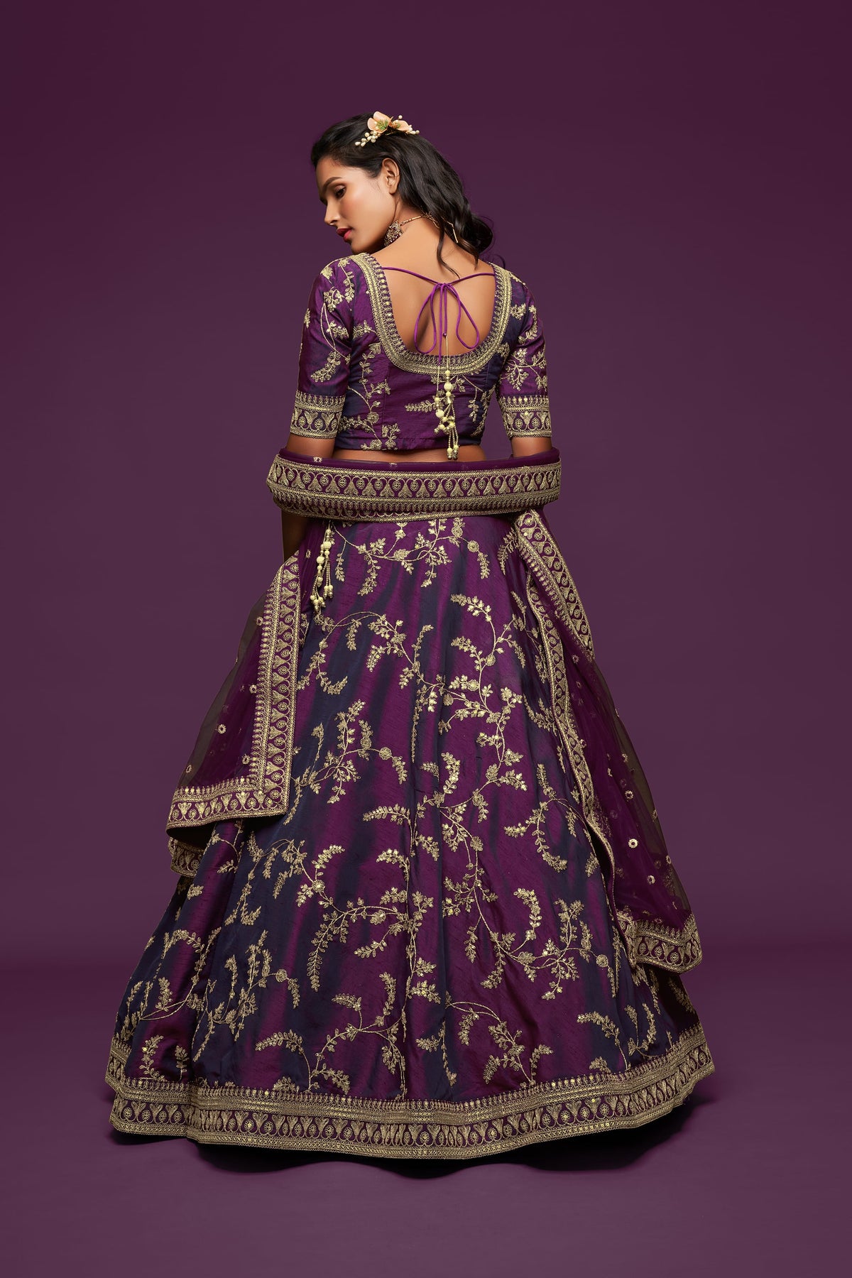 Royal Purple Gold Floral Embroidered Lehenga Choli with Dupatta