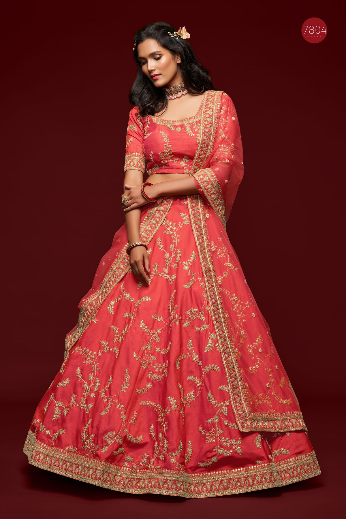 Coral Pink Gold Floral Embroidered Lehenga Choli with Dupatta