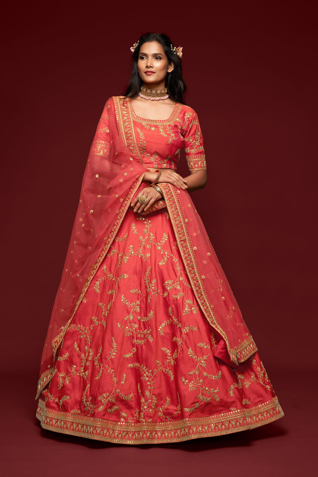 Coral Pink Gold Floral Embroidered Lehenga Choli with Dupatta