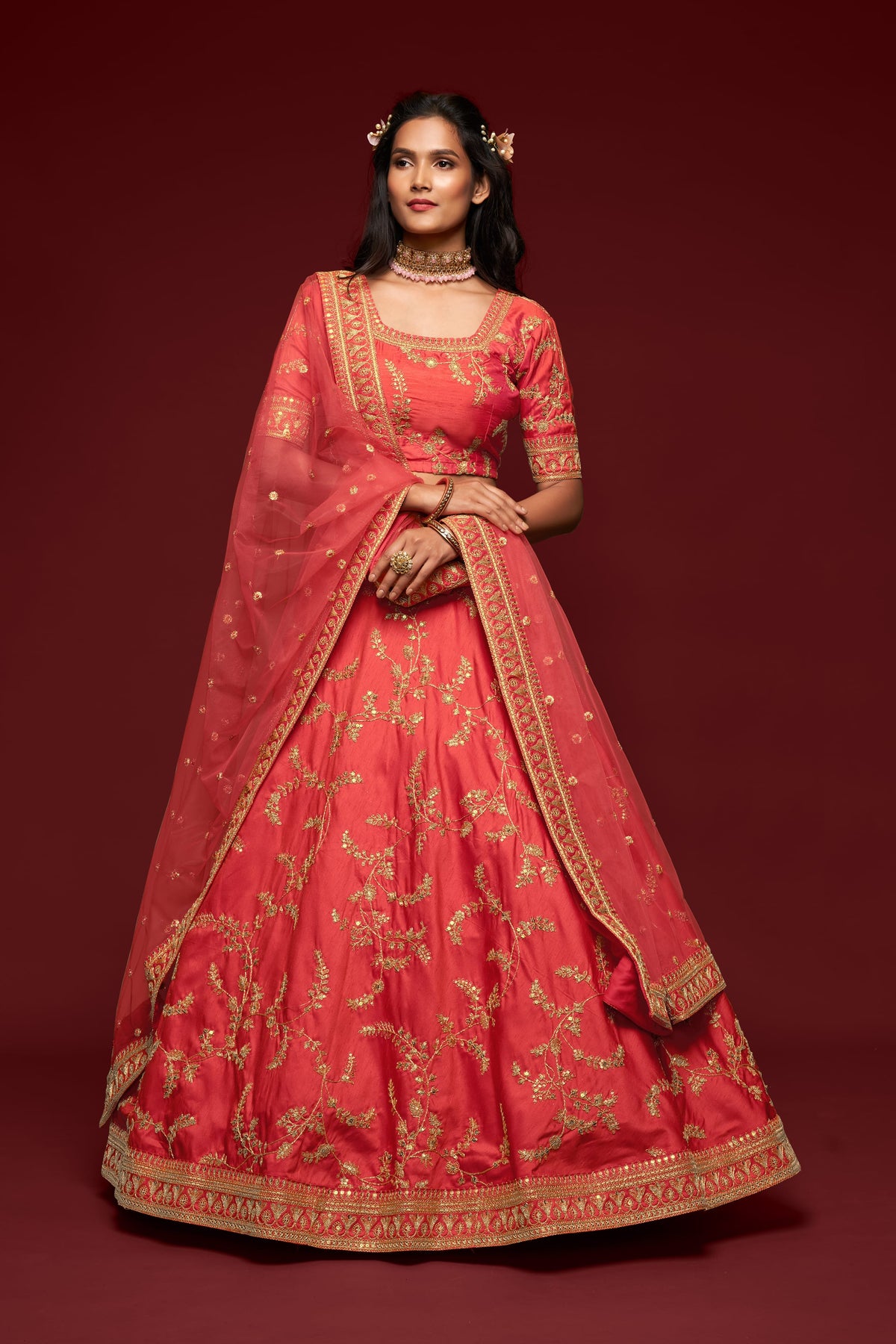 Coral Pink Gold Floral Embroidered Lehenga Choli with Dupatta
