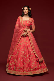 Coral Pink Gold Floral Embroidered Lehenga Choli with Dupatta