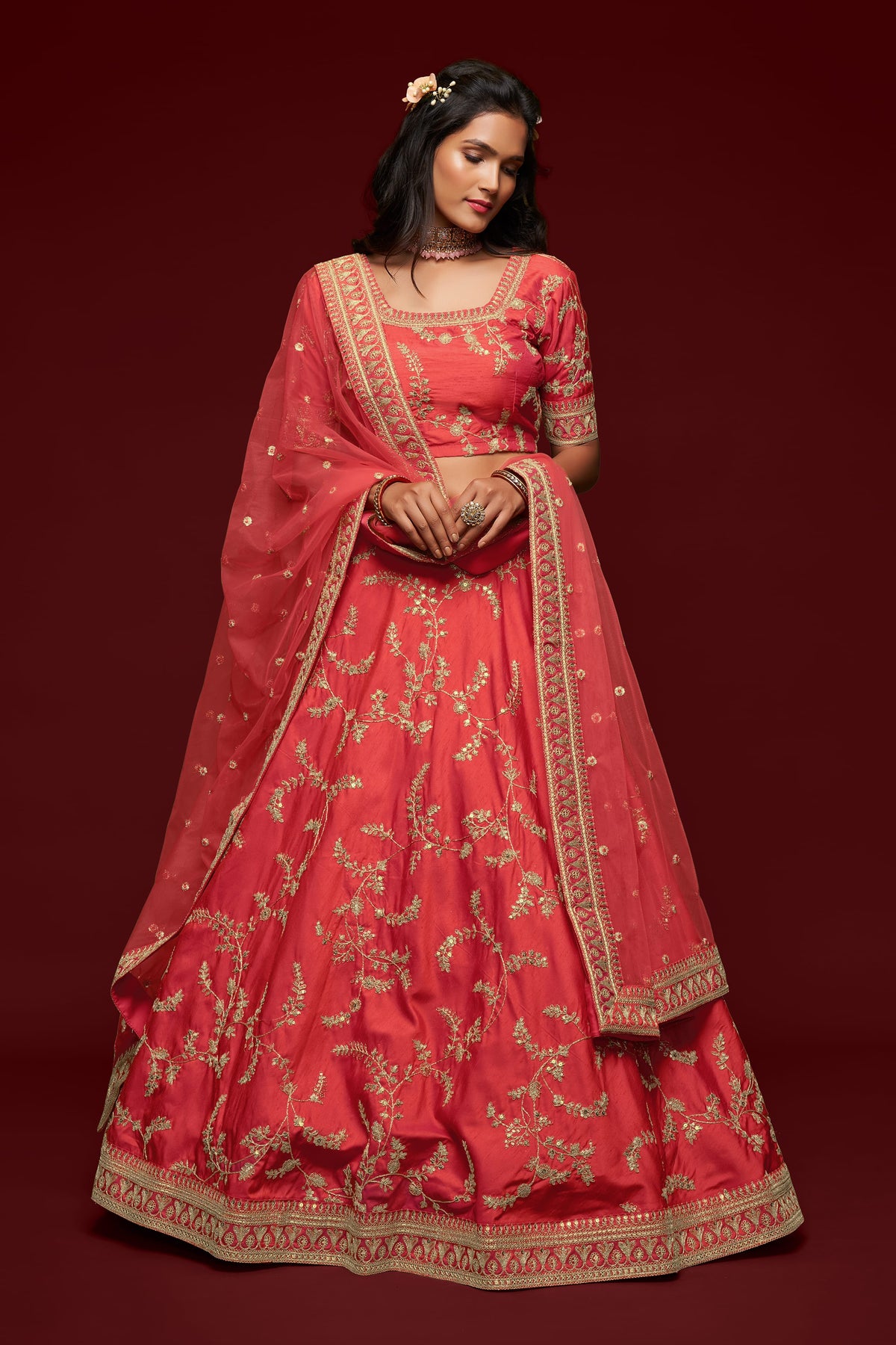Coral Pink Gold Floral Embroidered Lehenga Choli with Dupatta