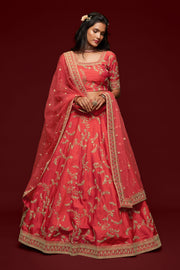 Coral Pink Gold Floral Embroidered Lehenga Choli with Dupatta