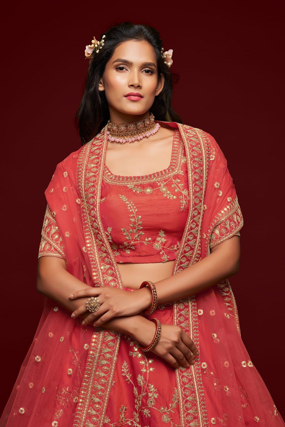 Coral Pink Gold Floral Embroidered Lehenga Choli with Dupatta