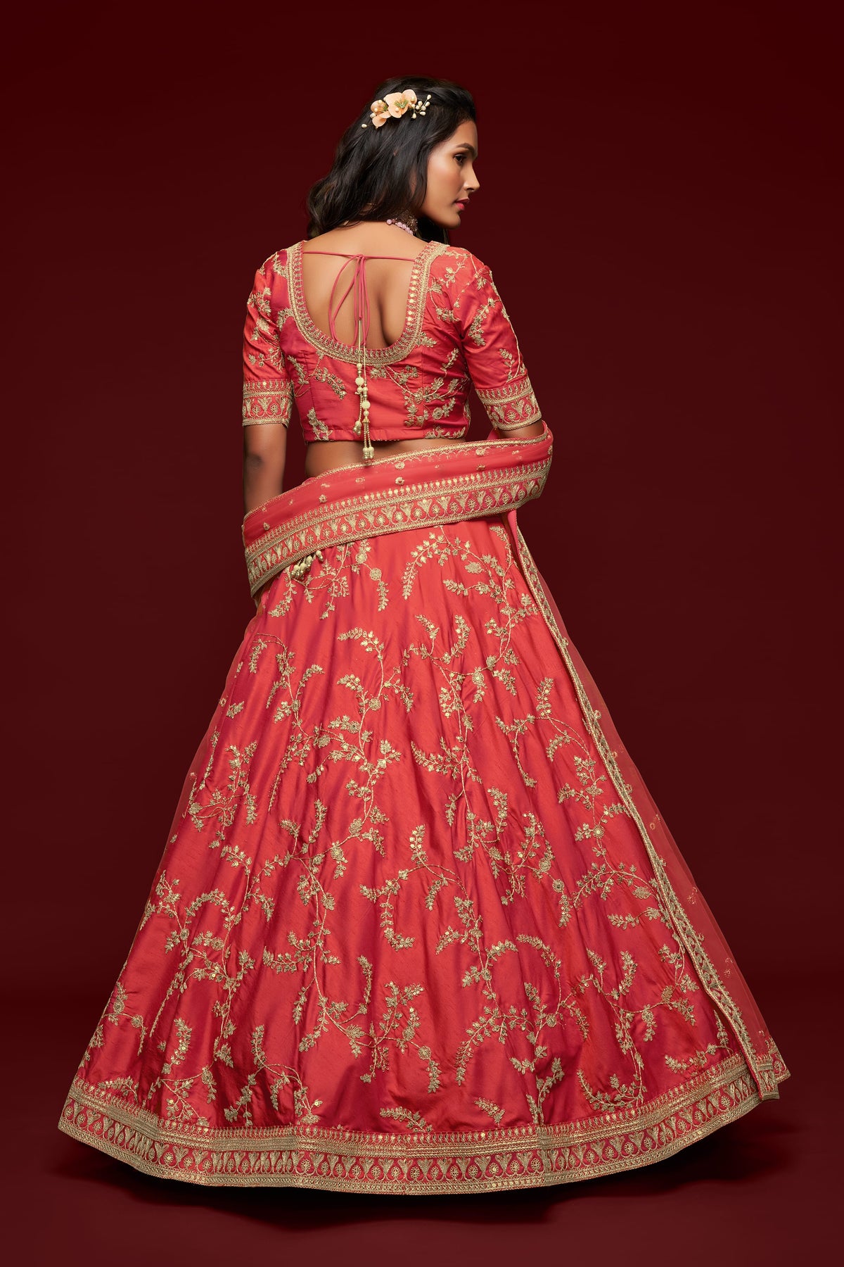 Coral Pink Gold Floral Embroidered Lehenga Choli with Dupatta