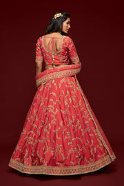 Coral Pink Gold Floral Embroidered Lehenga Choli with Dupatta