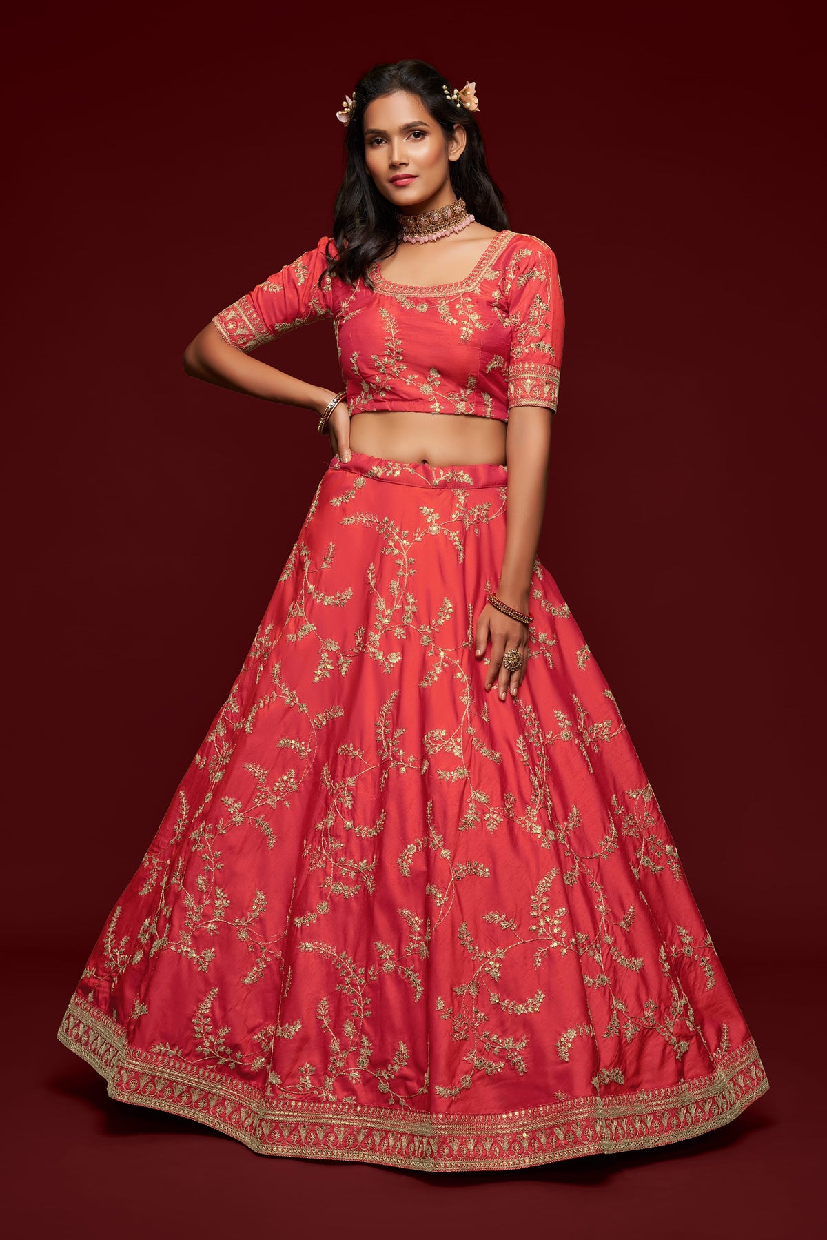 Coral Pink Gold Floral Embroidered Lehenga Choli with Dupatta