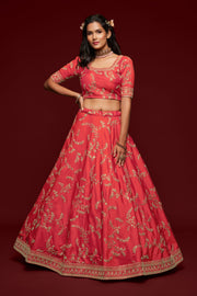 Coral Pink Gold Floral Embroidered Lehenga Choli with Dupatta