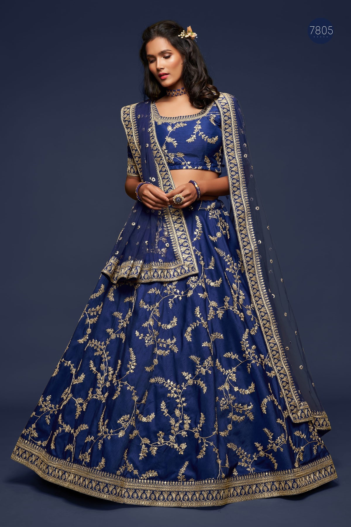 Navy Blue Gold Floral Embroidered Lehenga Choli with Dupatta