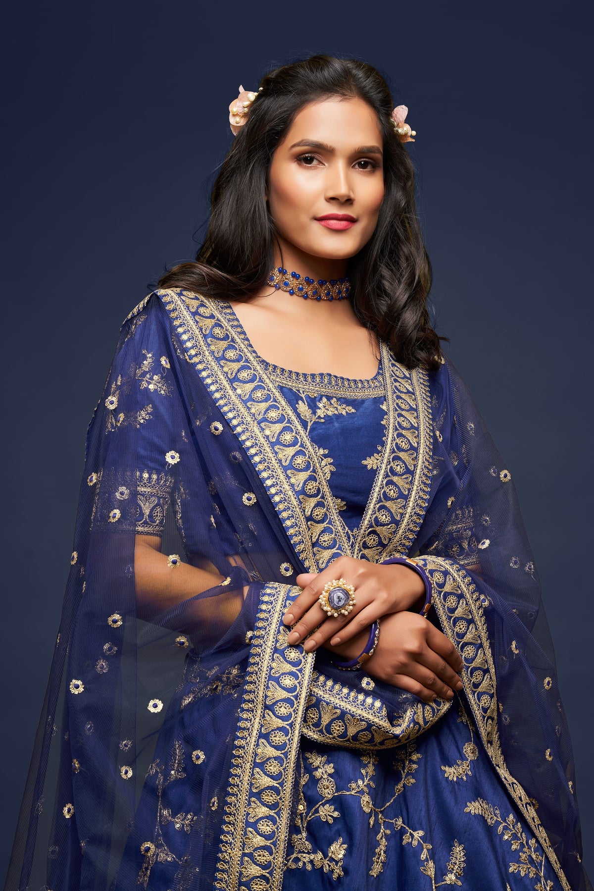 Navy Blue Gold Floral Embroidered Lehenga Choli with Dupatta
