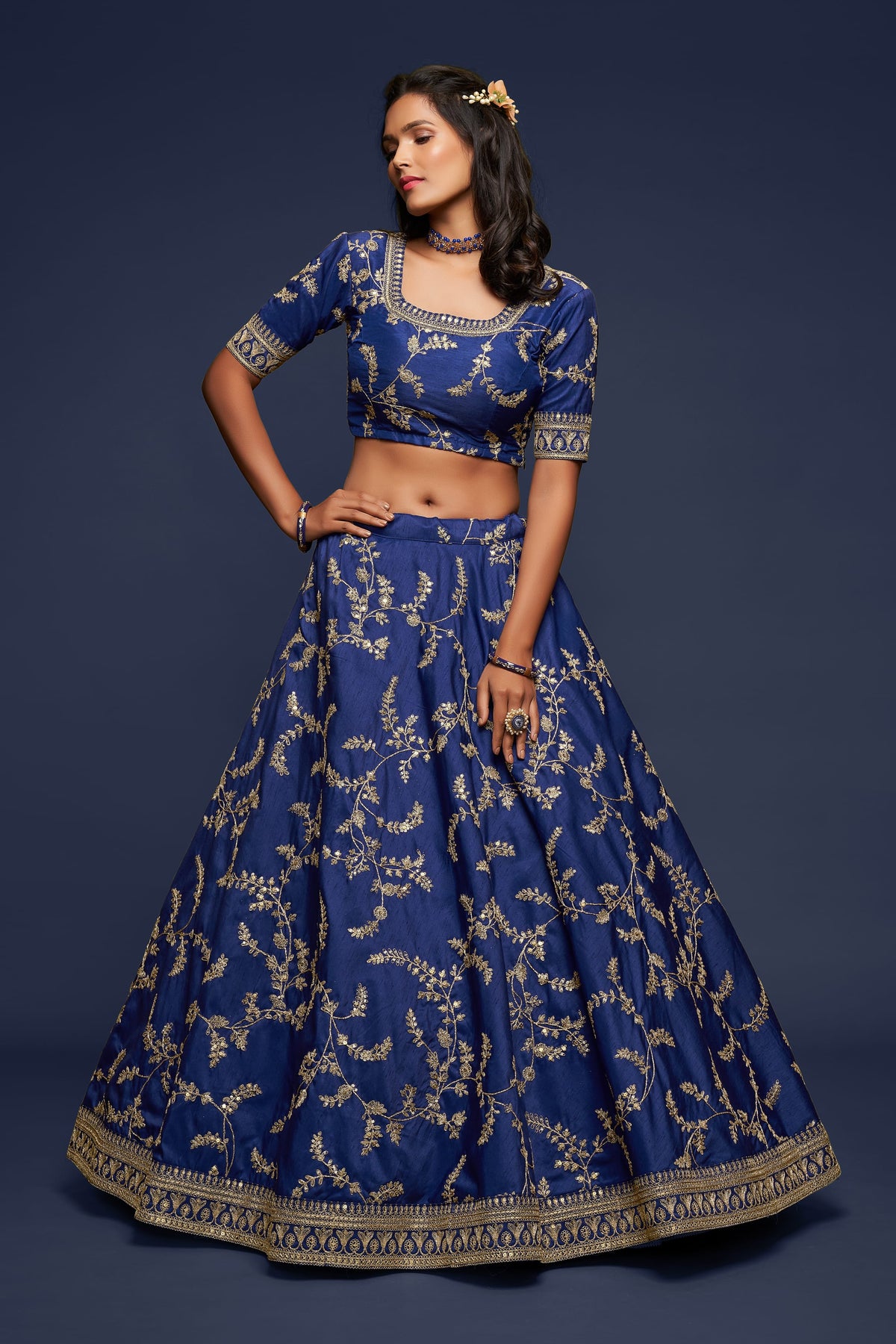 Navy Blue Gold Floral Embroidered Lehenga Choli with Dupatta